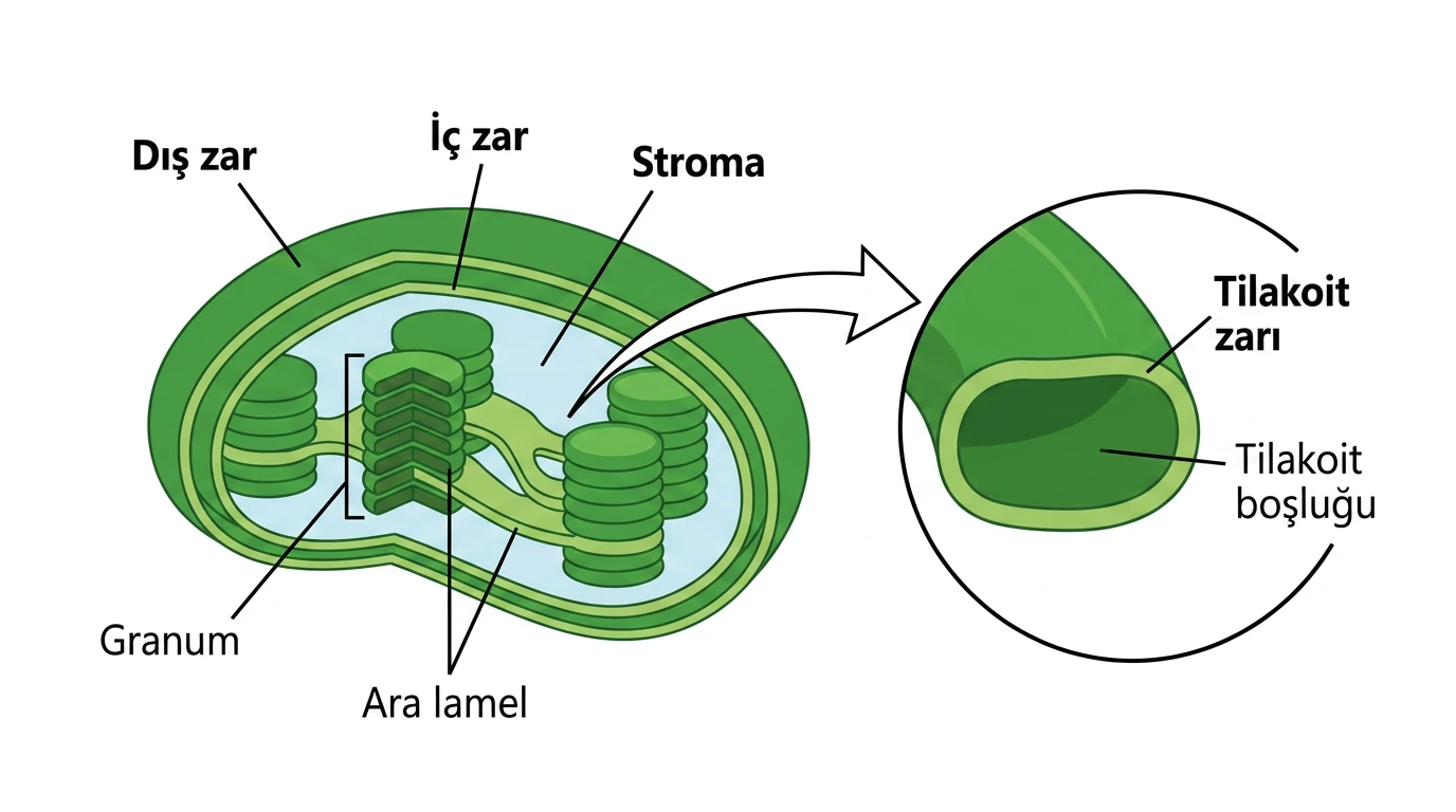 Kloroplastın çift zarı stroma granum ara lamel tilakoit zarı ve tilakoit boşluğu