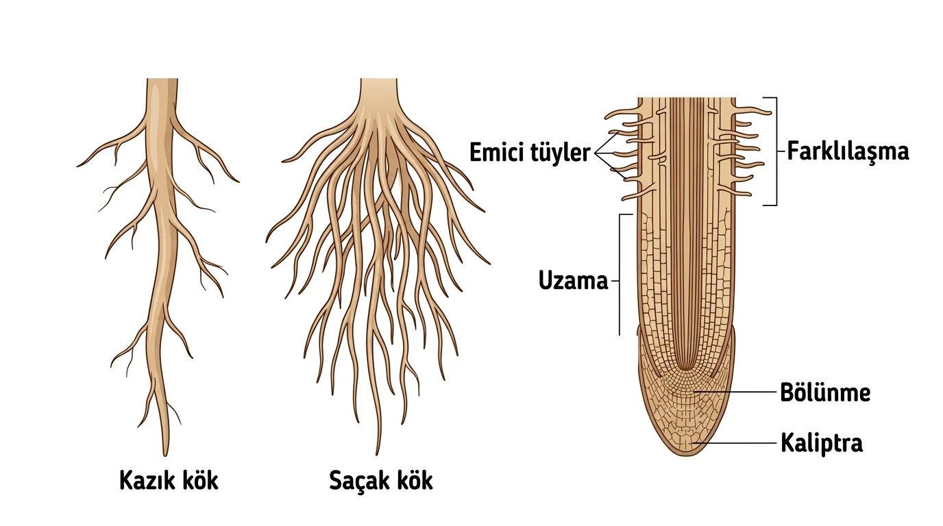Kazık ve saçak kök ile kök ucunun büyüme bölgeleri