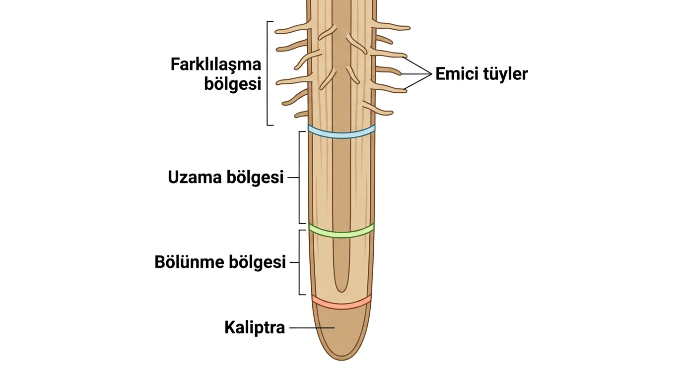 Kök ucunda kaliptra bölünme uzama ve farklılaşma bölgeleri
