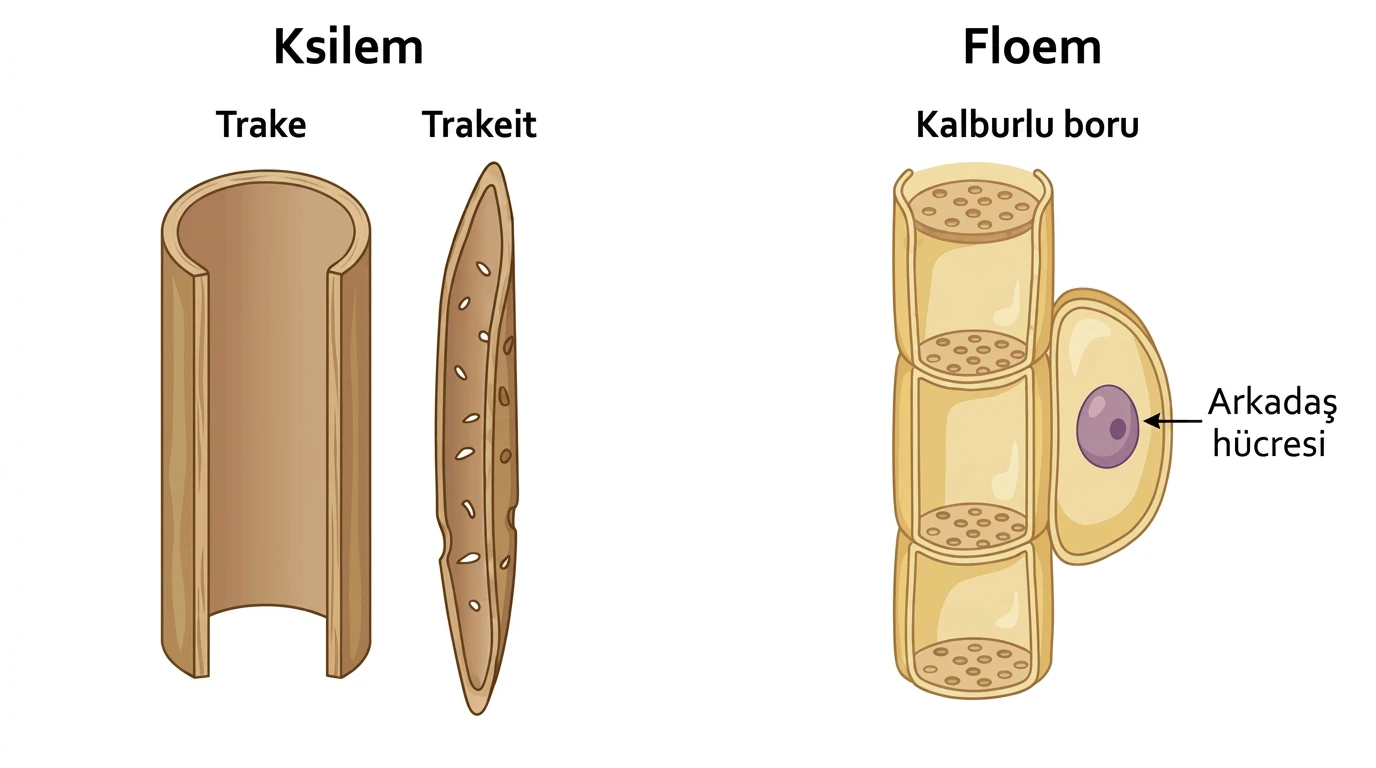 Ksilem trake trakeitleri ile floem kalburlu boru ve arkadaş hücresinin karşılaştırılması