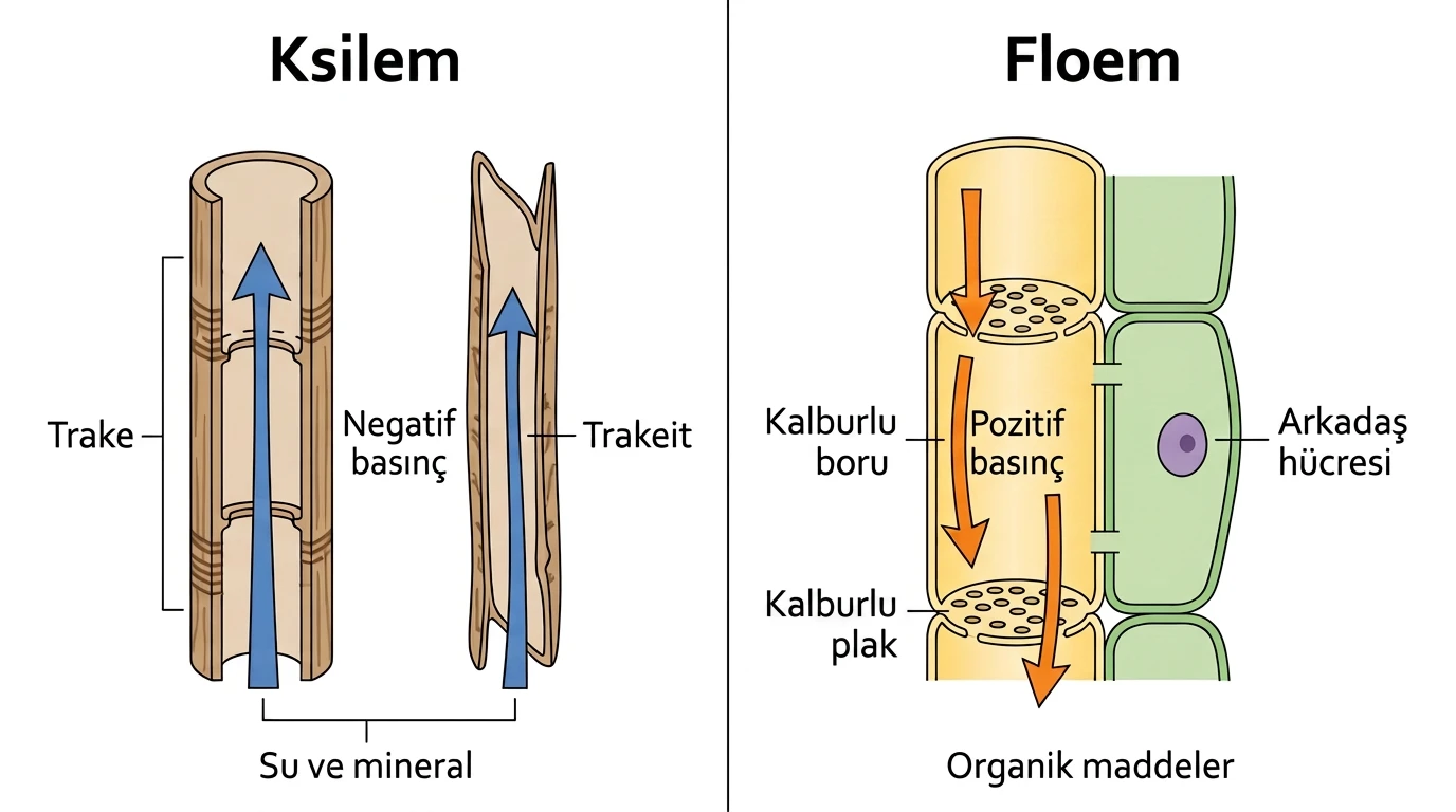 Ksilem ve floemin hücre yapısı taşınan madde ve basınç bakımından karşılaştırılması
