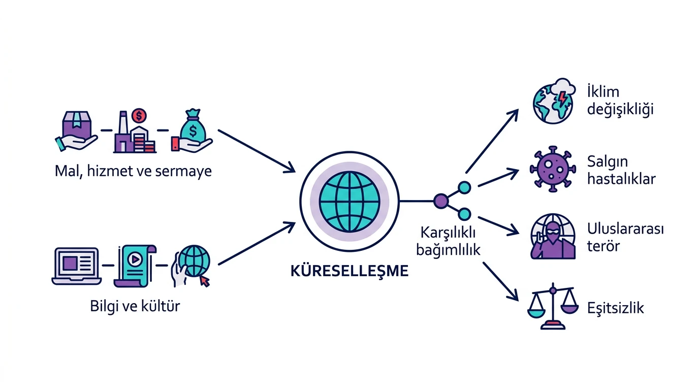 Küreselleşmenin mal hizmet sermaye bilgi kültür akışlarını ve sınır aşan sorunları karşılıklı bağımlılık kavramıyla ilişkilendiren şema