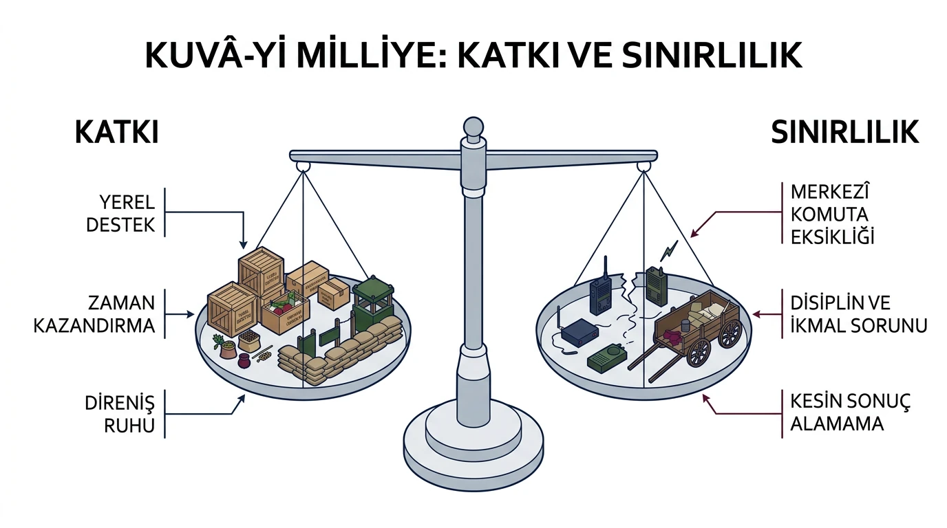 Kuvâ-yi Milliye'nin yerel destek, zaman kazandırma ve direniş ruhu katkıları ile komuta, disiplin ve kesin sonuç alma sınırlılıkları
