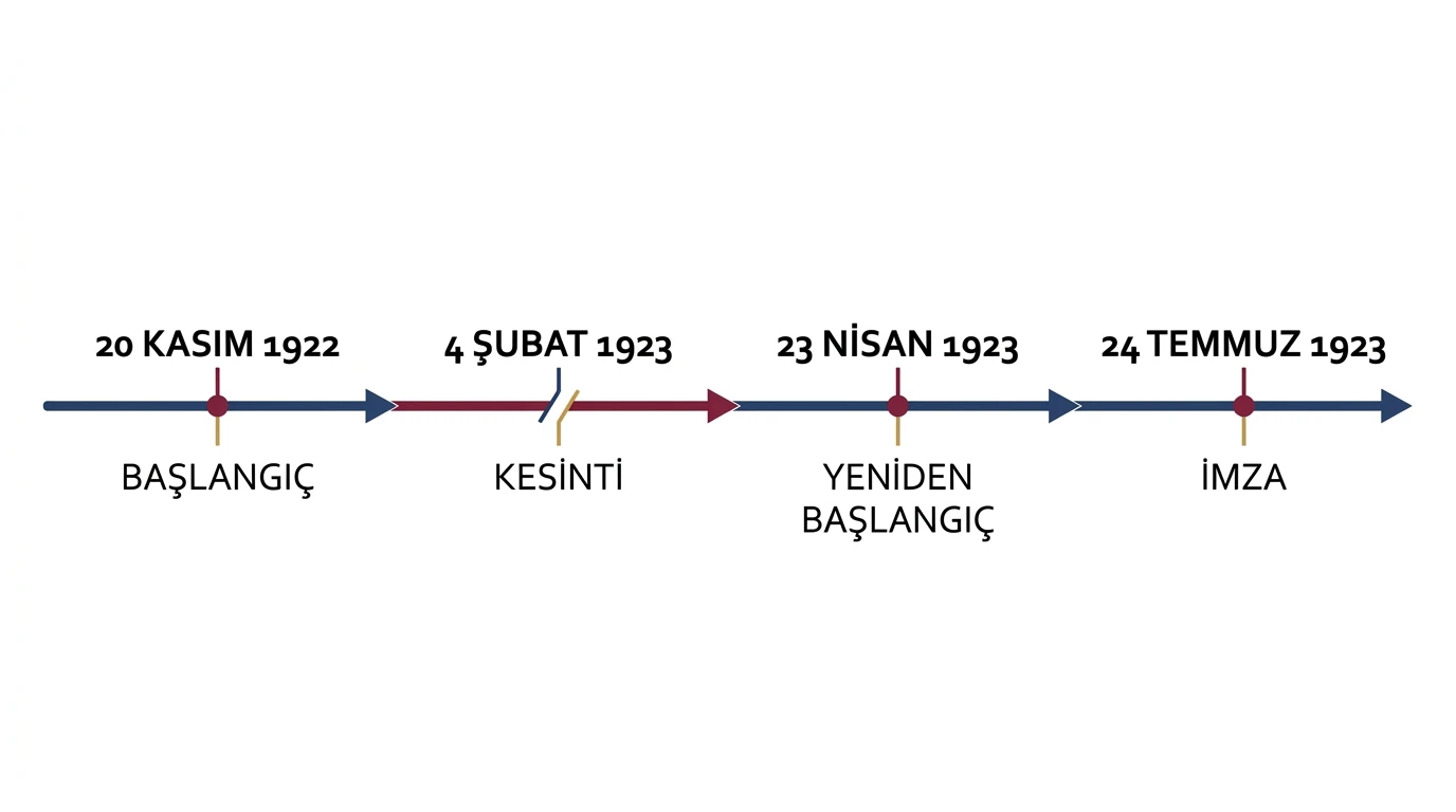 20 Kasım 1922 başlangıç, 4 Şubat 1923 kesinti, 23 Nisan yeniden başlangıç ve 24 Temmuz imza tarihleri