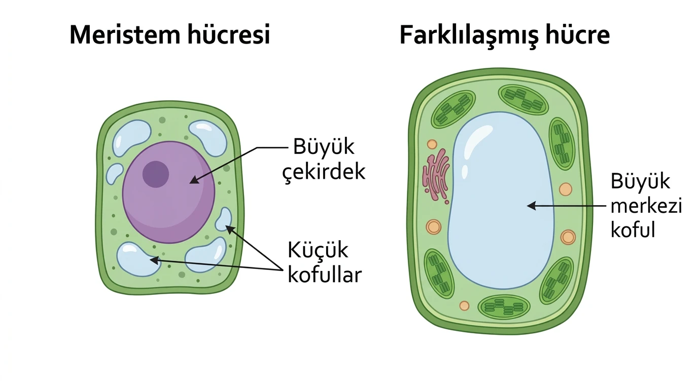 Meristem hücresi ile farklılaşmış bitki hücresinin karşılaştırılması