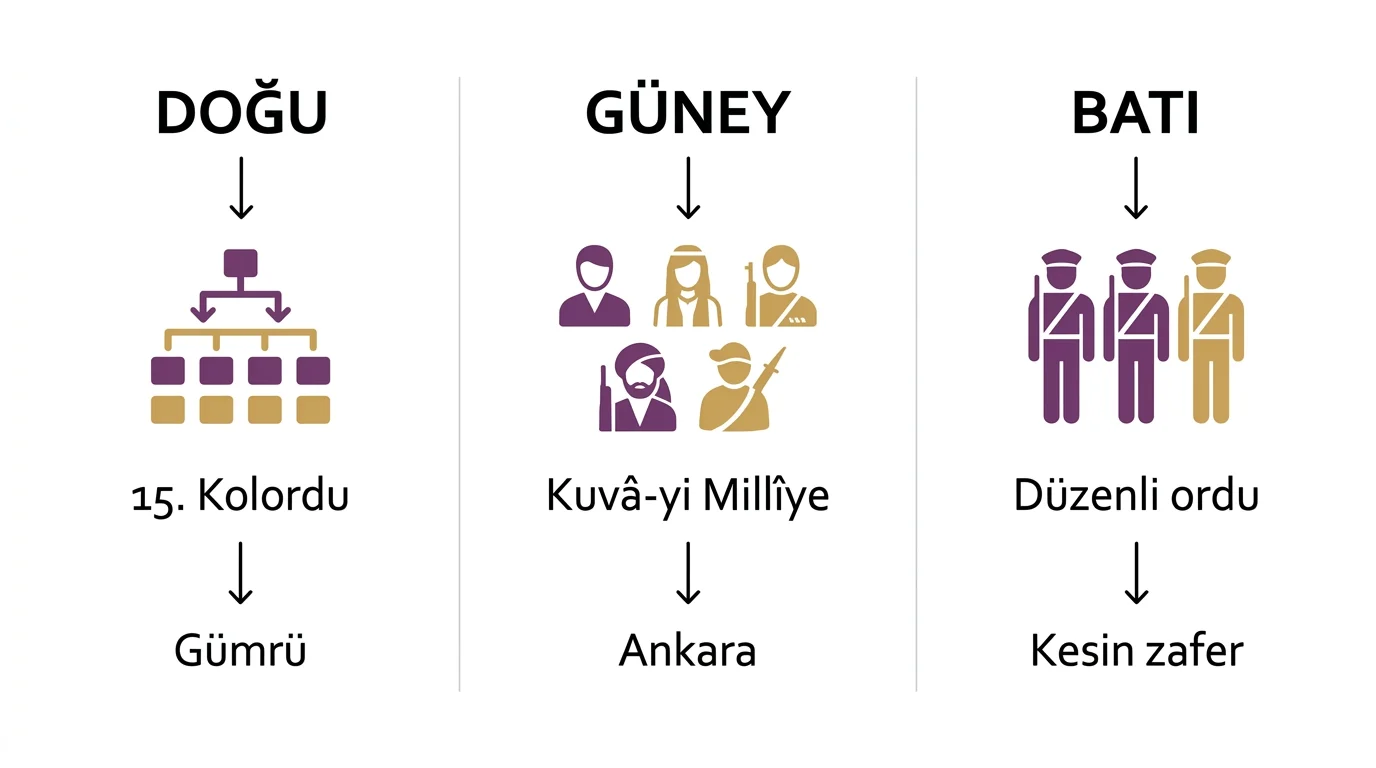 Millî Mücadele'de Doğu Cephesi'nde 15. Kolordu ve Gümrü, Güney Cephesi'nde Kuvâ-yi Millîye ve Ankara, Batı Cephesi'nde düzenli ordu ve kesin zafer ilişkisi