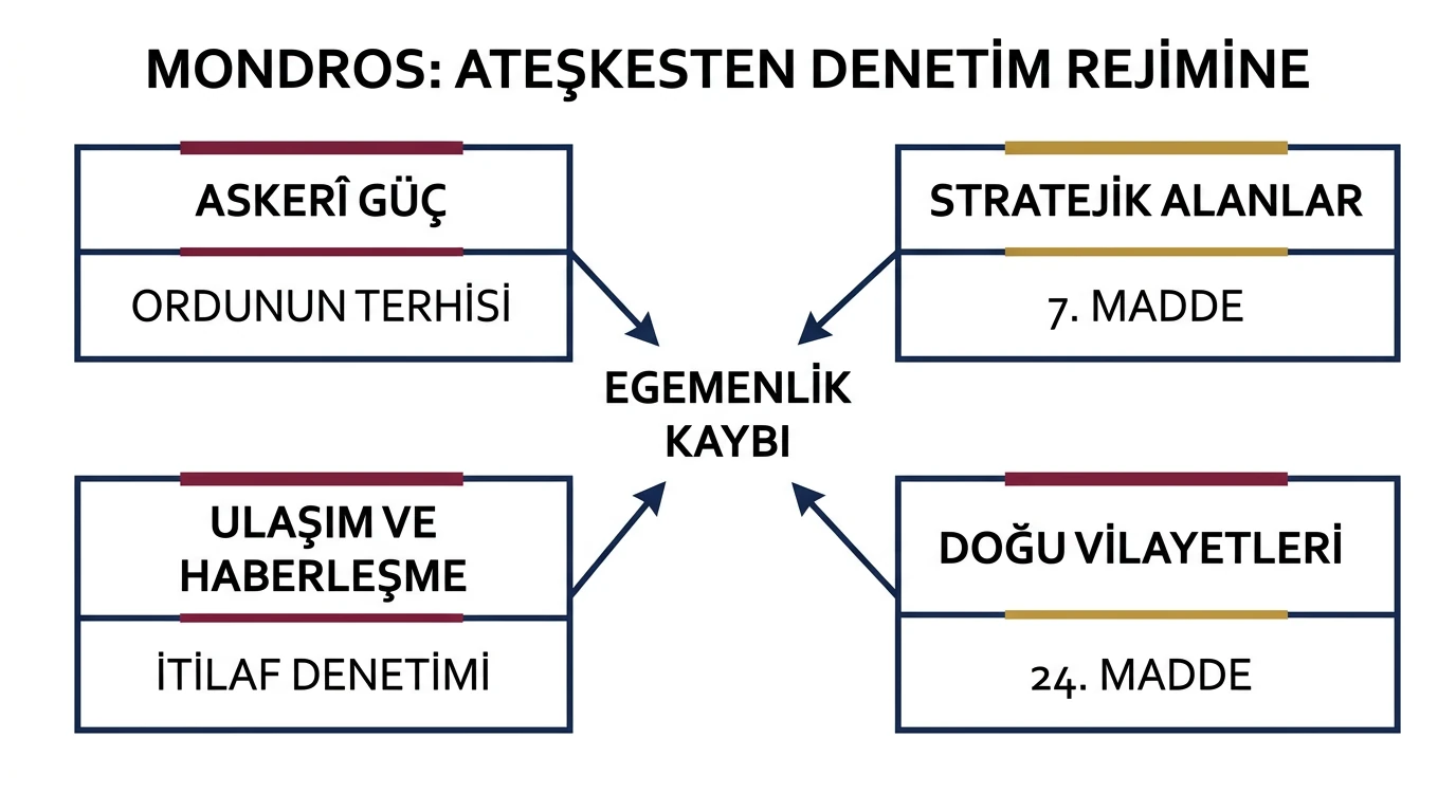 Mondros hükümlerinin askerî güç, stratejik alanlar, ulaşım-haberleşme ve Doğu vilayetleri üzerinden egemenlik kaybına bağlanması
