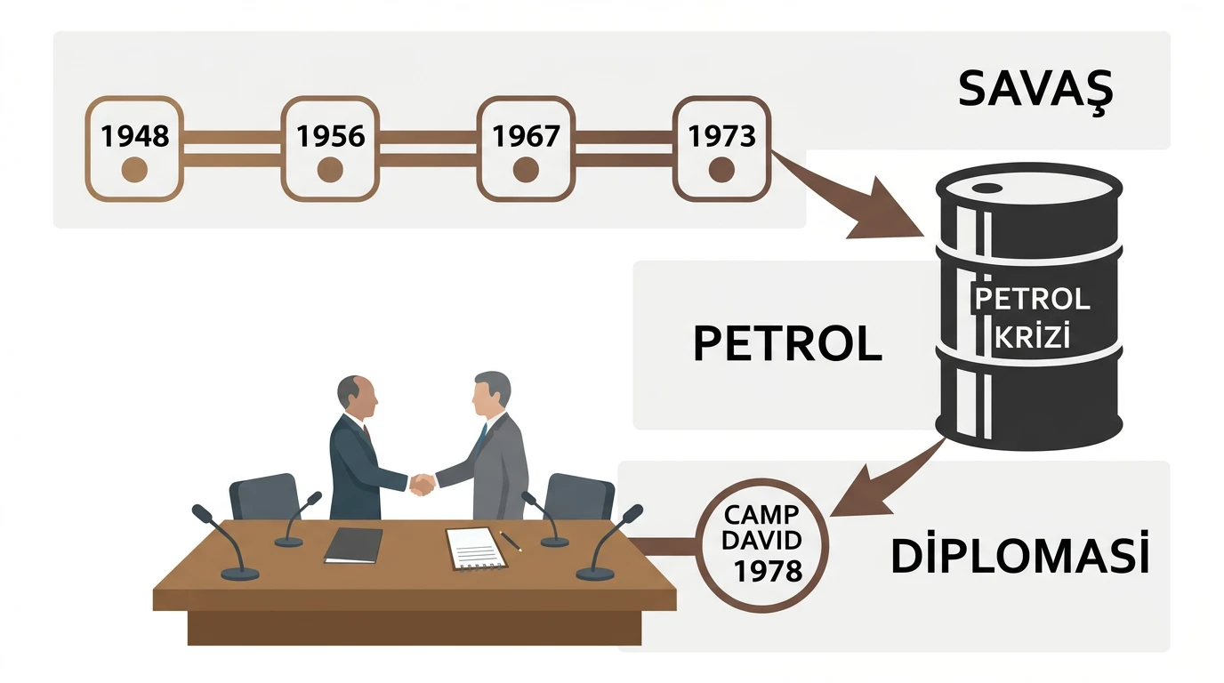 Arap-İsrail savaşlarından 1973 Petrol Krizi ve Camp David görüşmelerine uzanan süreci gösteren şema