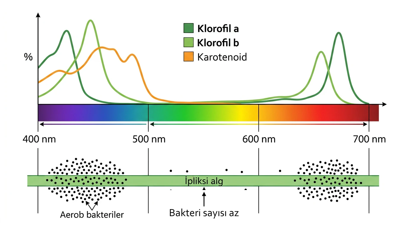 Pigment soğurma eğrileri görünür spektrum ve Engelmann deneyinde bakteri dağılımı
