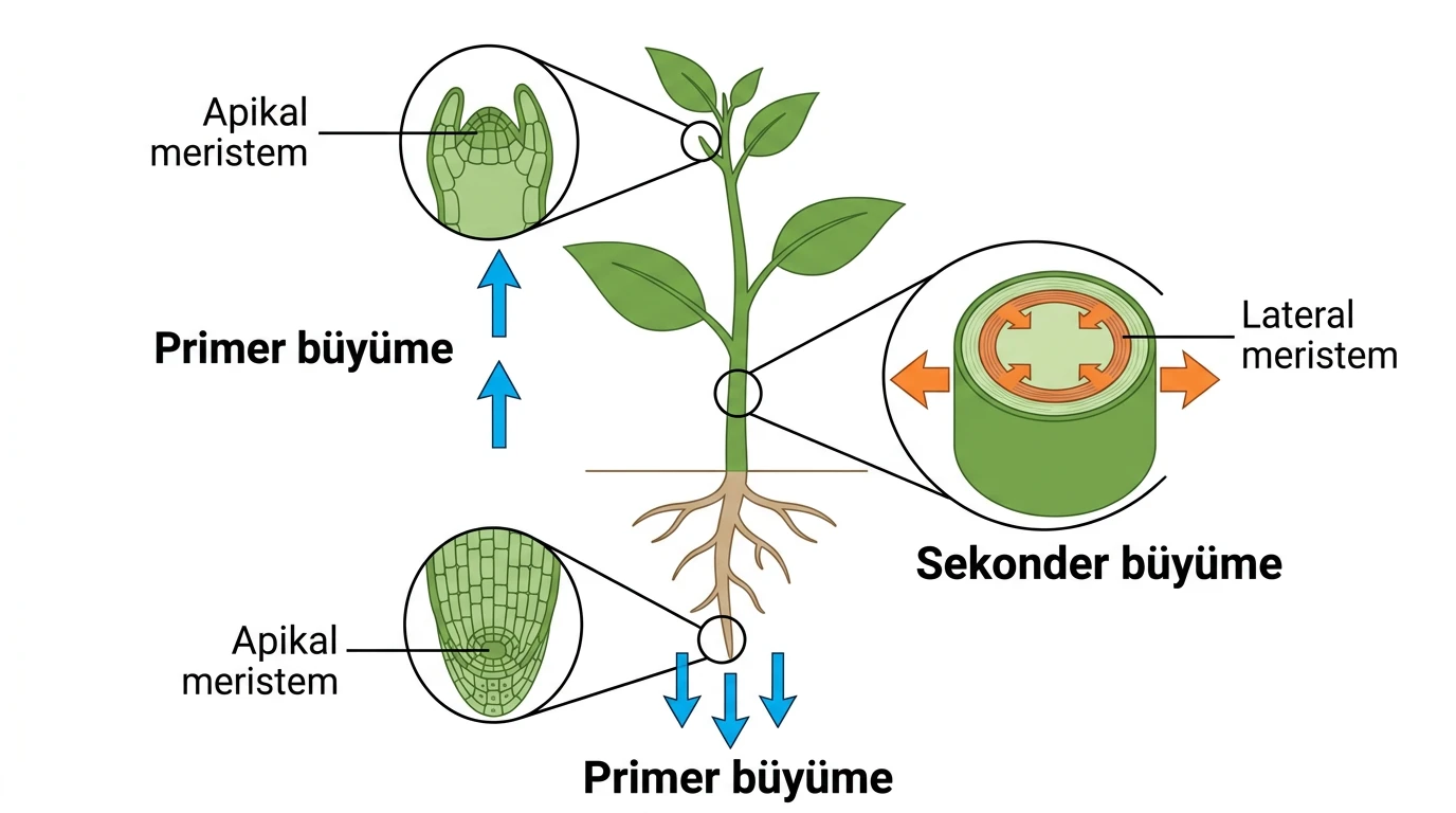 Apikal ve lateral meristemin oluşturduğu primer ve sekonder büyüme