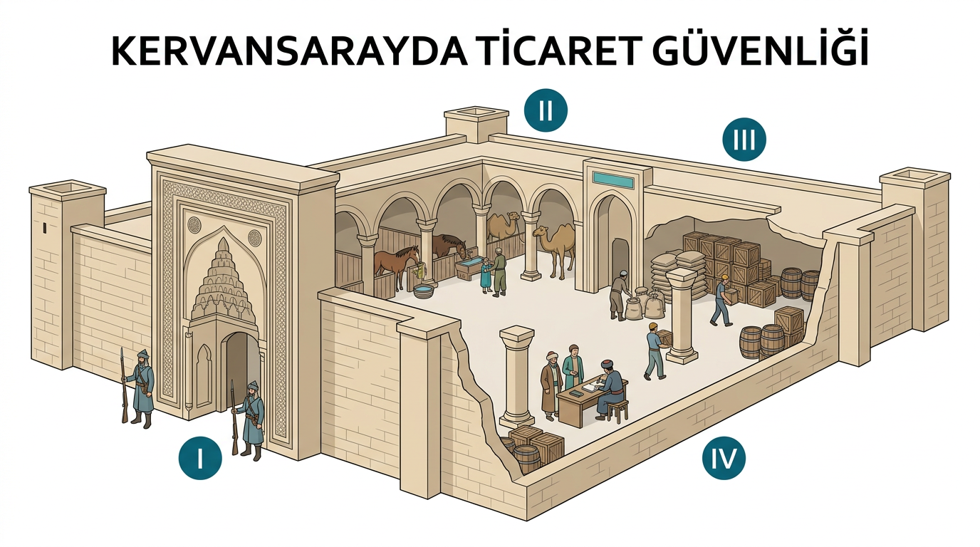 Türkiye Selçuklu kervansarayında güvenlik ahır depo ve ticari kayıt işlevlerini gösteren öğretim görseli
