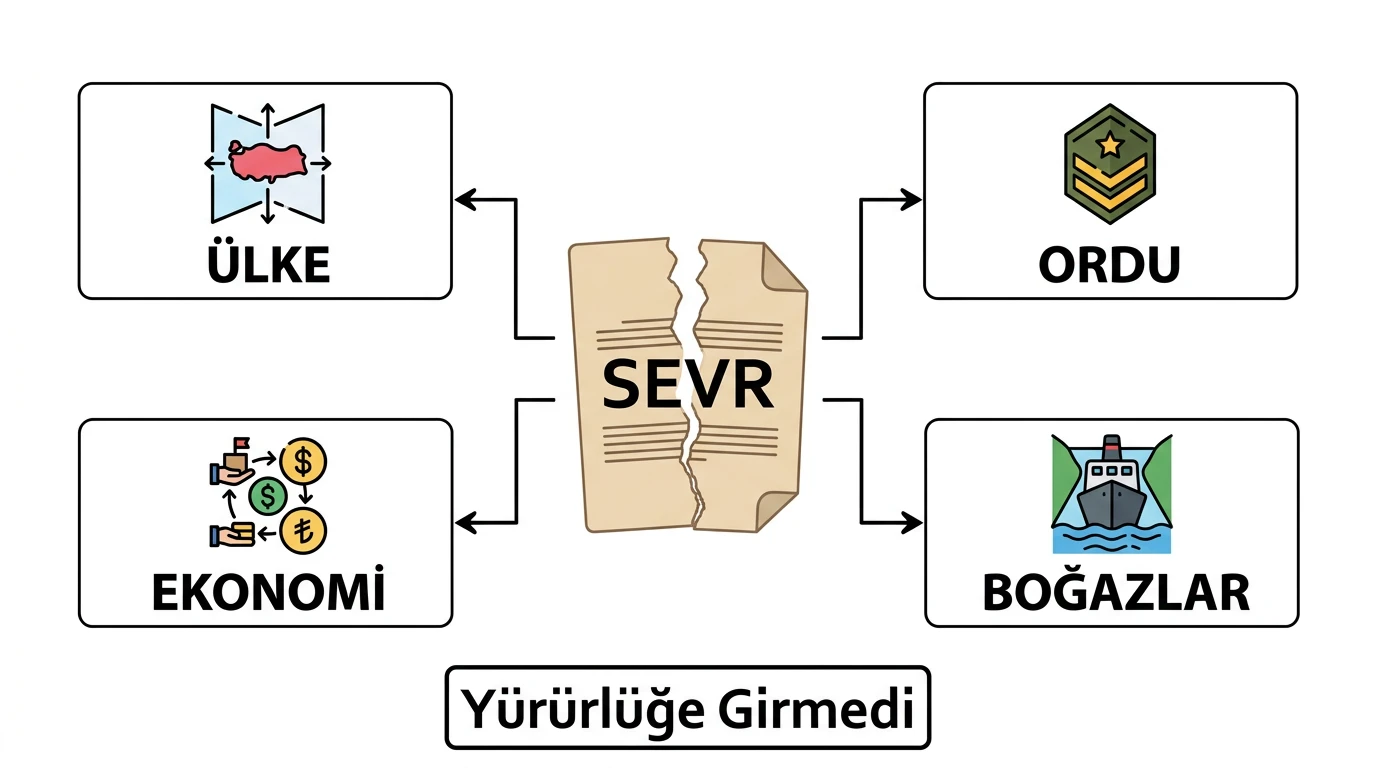 Sevr Antlaşması'nın ülke, ordu, ekonomi ve Boğazlar üzerindeki egemenlik kaybı ile yürürlüğe girmemesi