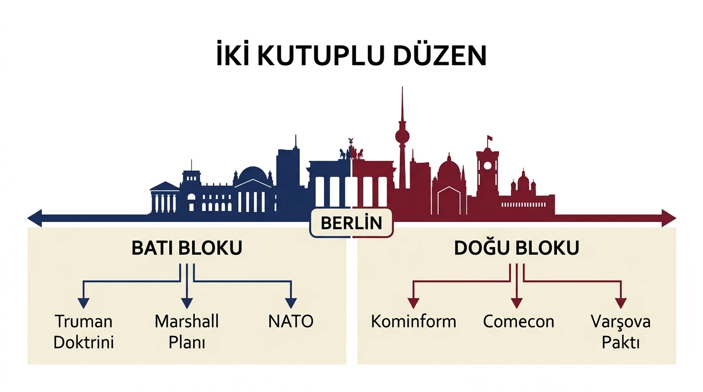 Batı ve Doğu bloklarının kurumlarını Berlin merkezli iki kutuplu düzende karşılaştıran şema