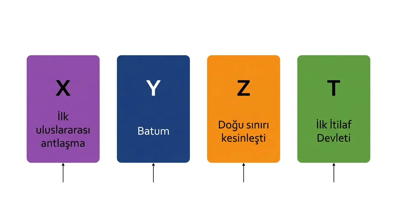 X ilk uluslararası antlaşma, Y Batum, Z doğu sınırı kesinleşti ve T ilk İtilaf Devleti sonuç kartları