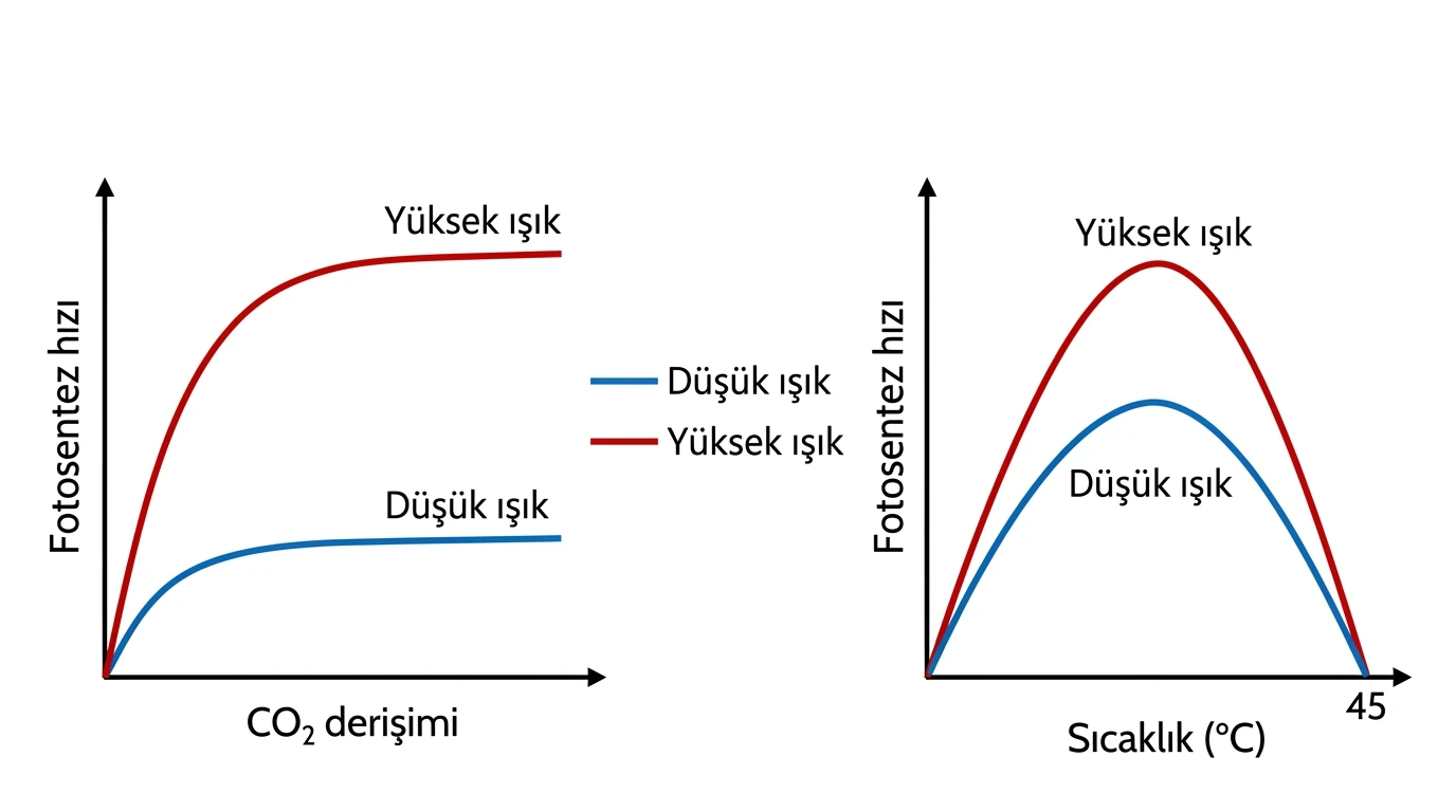 İki ışık düzeyinde sıcaklık ve karbondioksit derişimine bağlı fotosentez eğrileri
