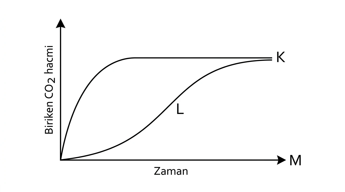 K L ve M eğrileriyle biriken karbondioksit hacmi zaman grafiği