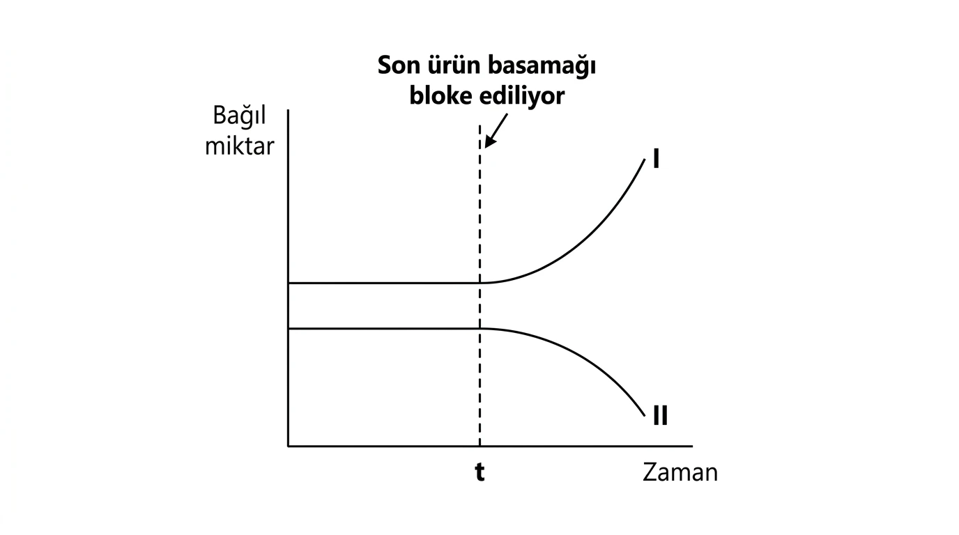 Son ürün basamağı blokajından sonra I ve II maddelerinin bağıl miktar grafiği