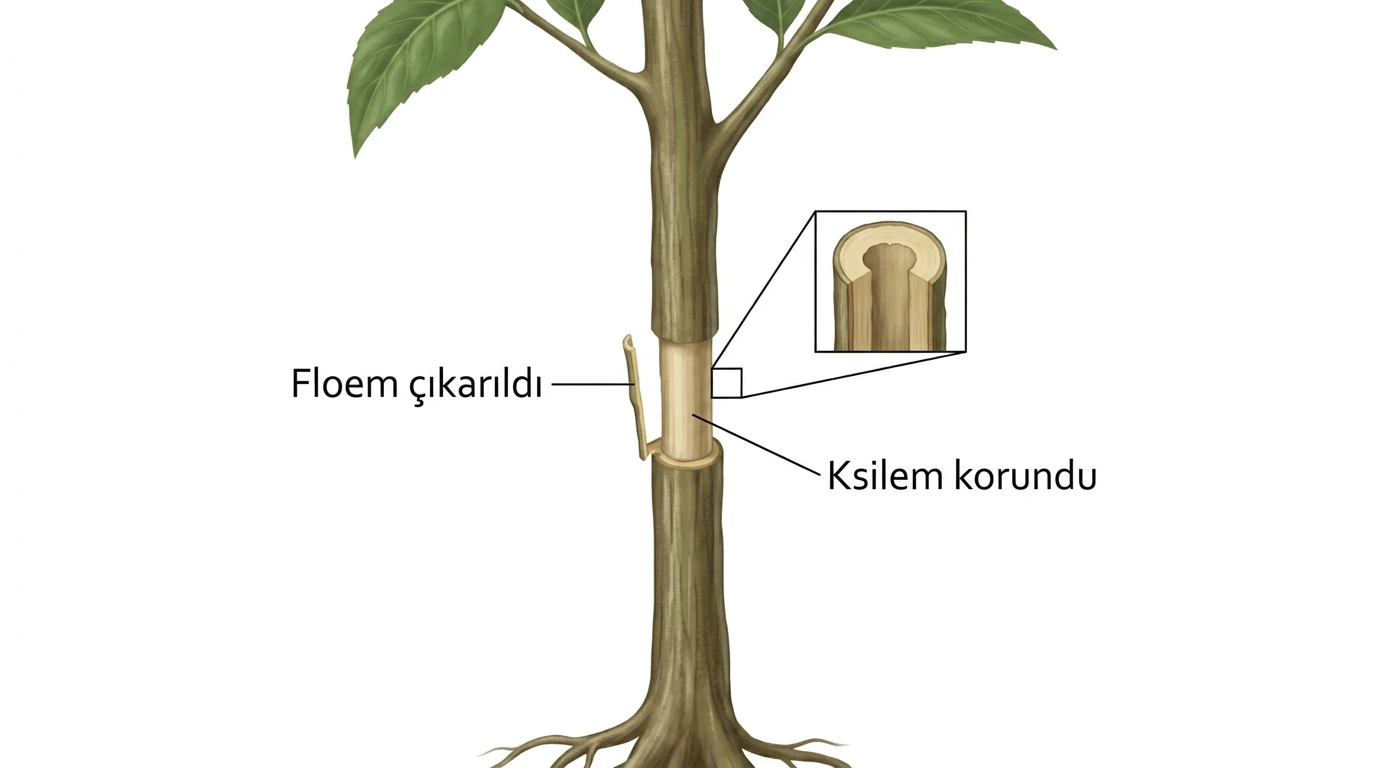 Gövde çevresinde floem halkası çıkarılmış fakat ksilemi korunmuş deney düzeneği