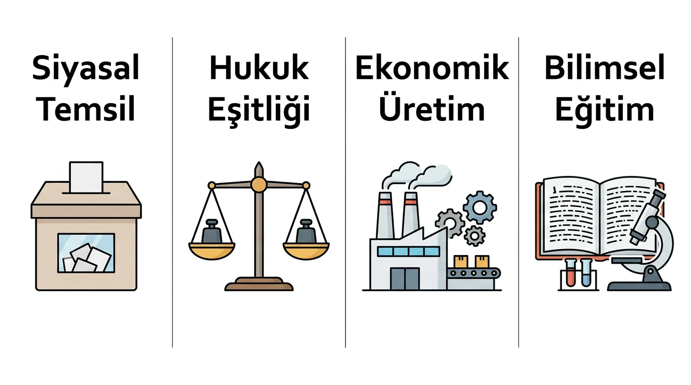 Seçim sandığı, hukuk terazisi, fabrika ve bilim kitabı simgeleriyle dört inkılap amacı
