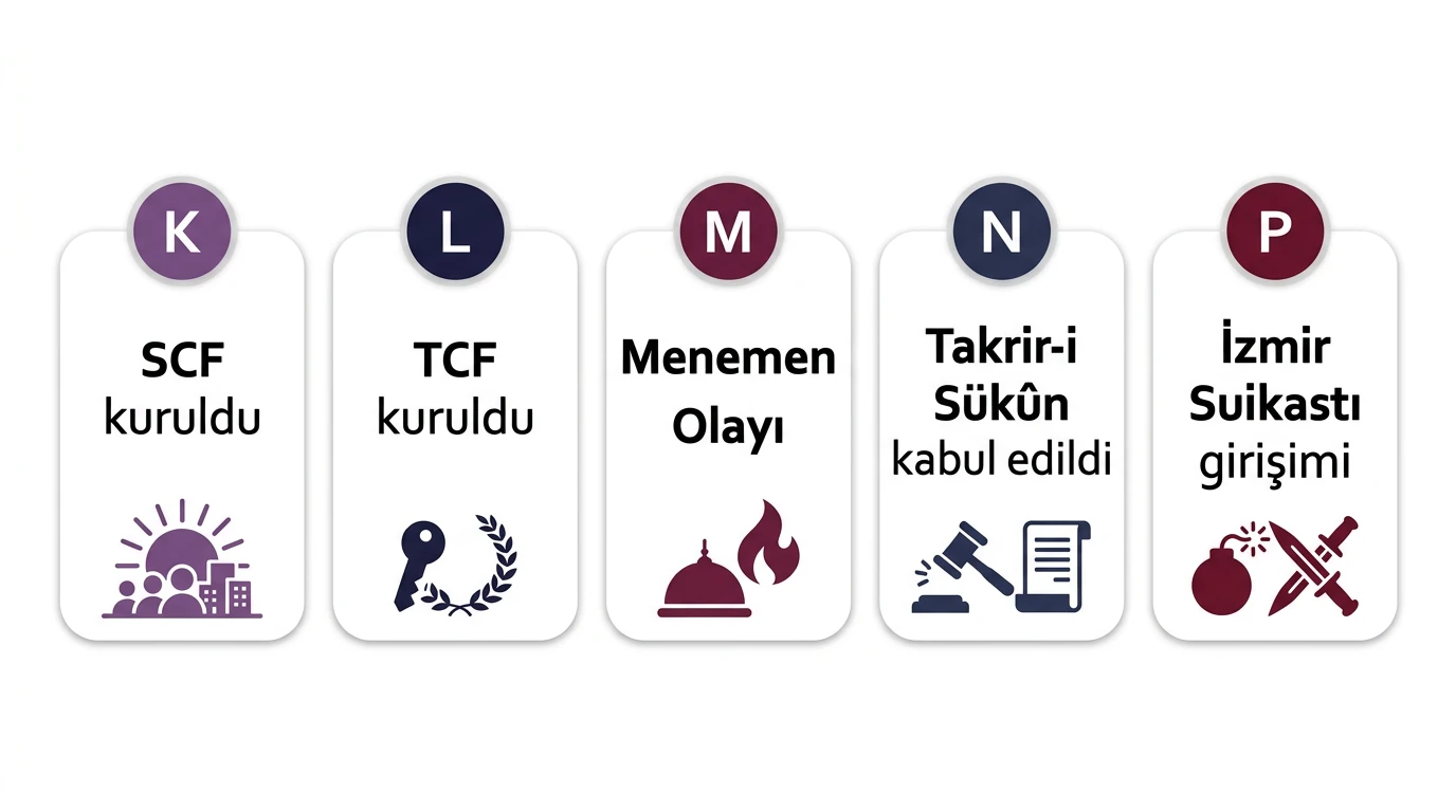 K, L, M, N ve P harfleriyle verilen SCF, TCF, Menemen, Takrir-i Sükûn ve İzmir Suikastı olay kartları