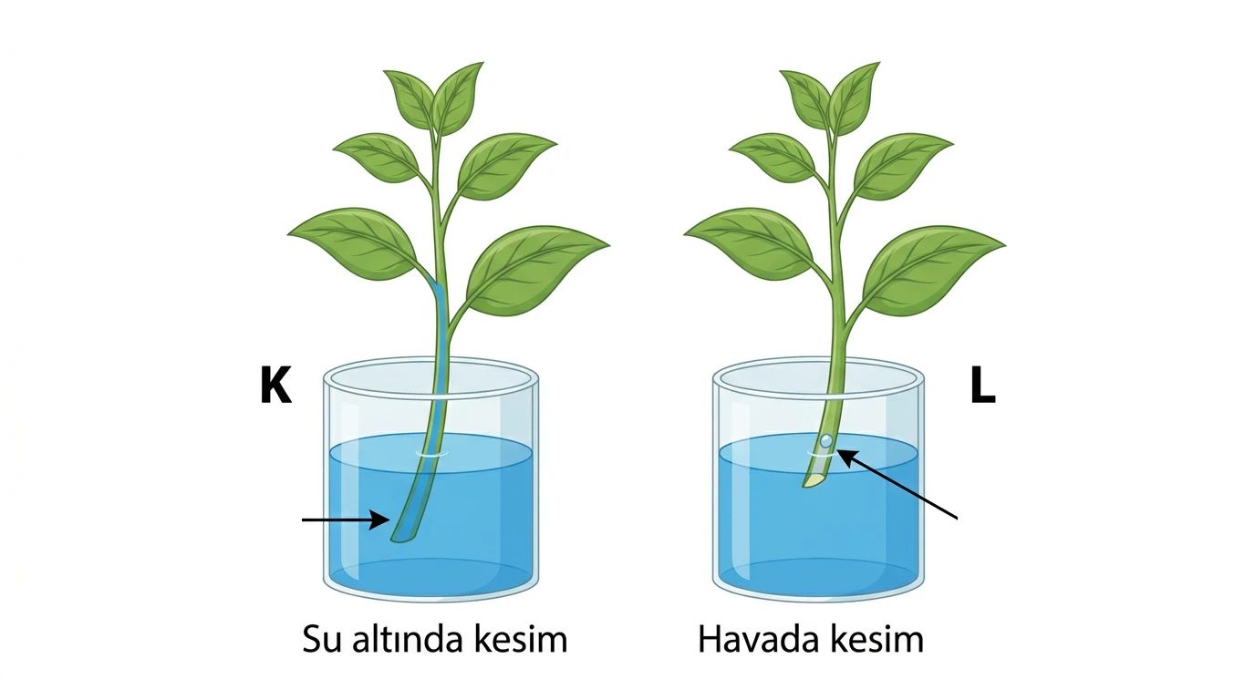 K su altında L havada kesilen sürgünlerle ksilem deneyi