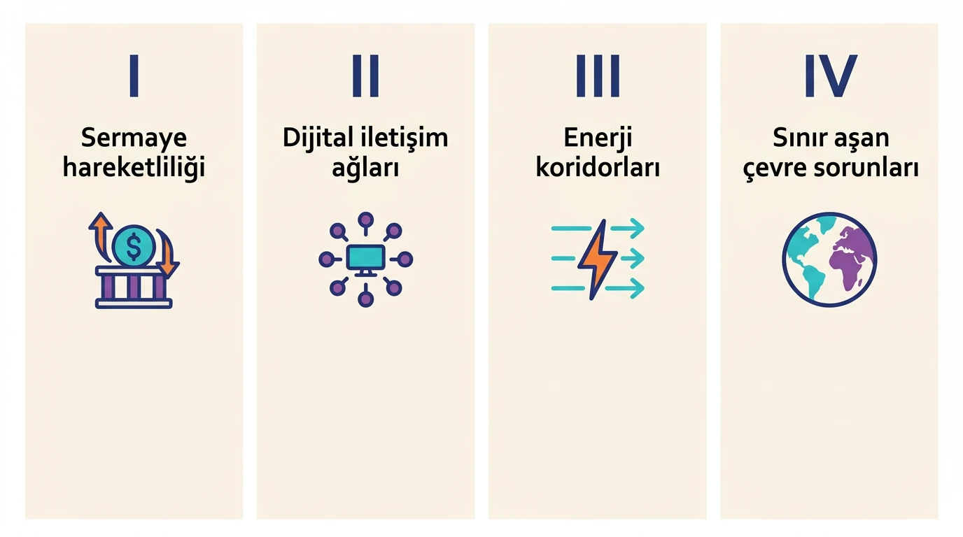 Sermaye hareketliliği dijital iletişim ağları enerji koridorları ve sınır aşan çevre sorunlarını gösteren dört panel