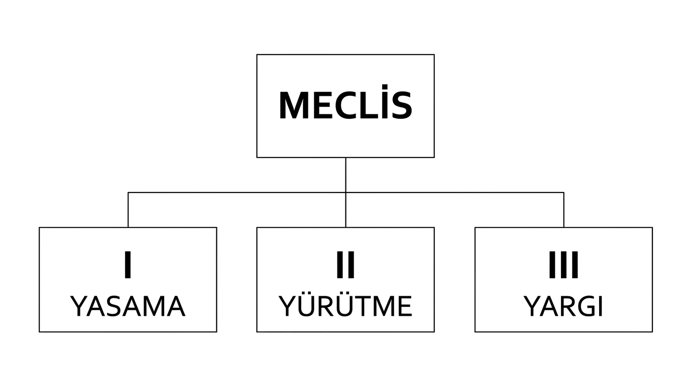 Meclis merkezinden I yasama, II yürütme ve III yargı alanlarına kurulan bağlantılar