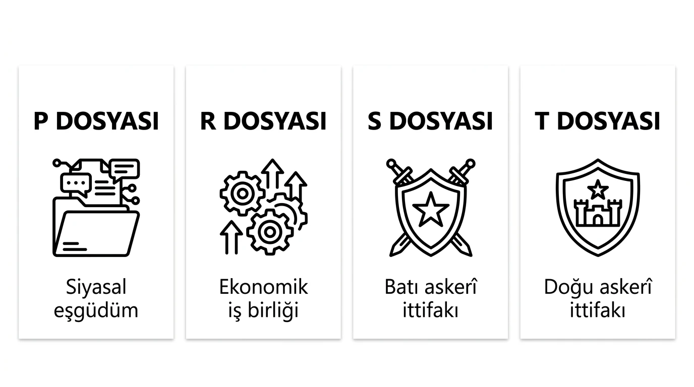 P, R, S ve T dosyalarında Soğuk Savaş kurumlarının işlevlerini anonim biçimde gösteren soru görseli