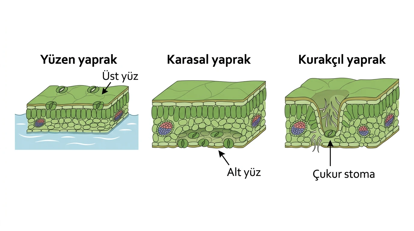 Yüzen sucul karasal ve kurakçıl yapraklarda stoma konumları