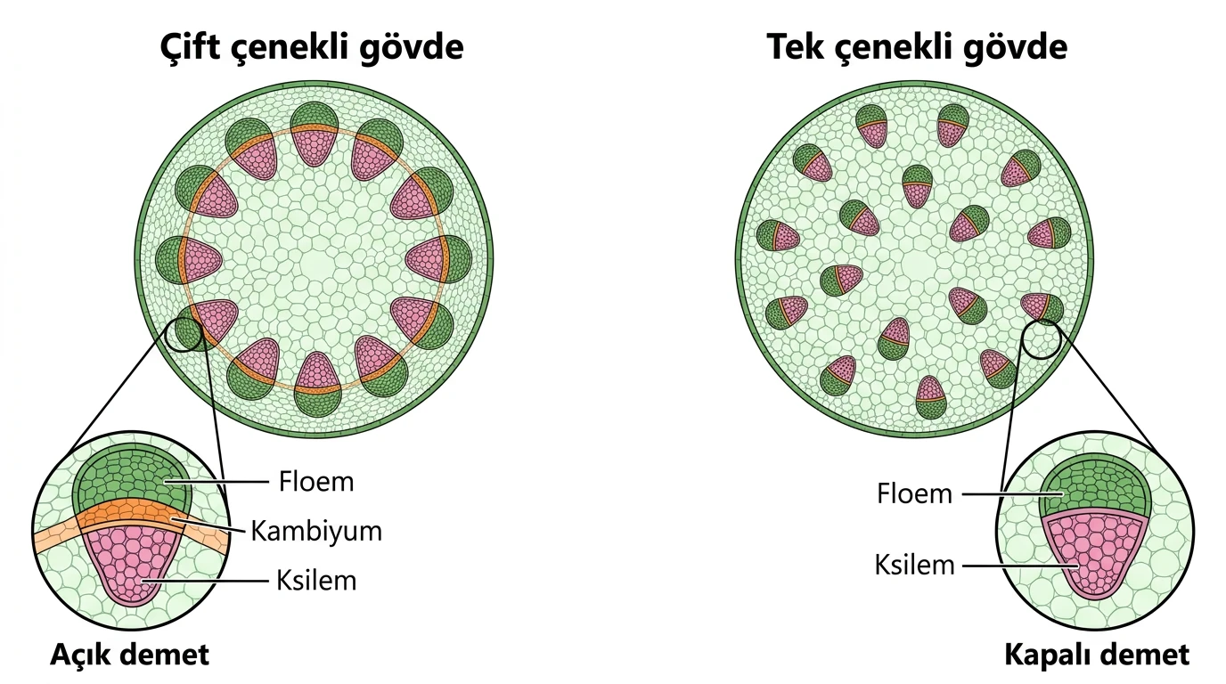 Tek ve çift çenekli gövdede iletim demetlerinin dizilişi