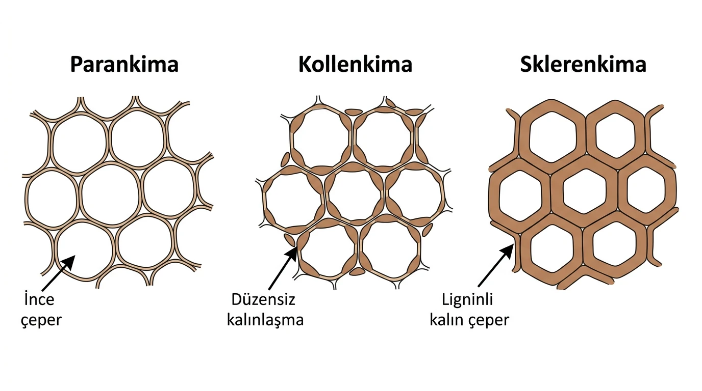 Parankima kollenkima ve sklerenkima hücre çeperlerinin karşılaştırılması