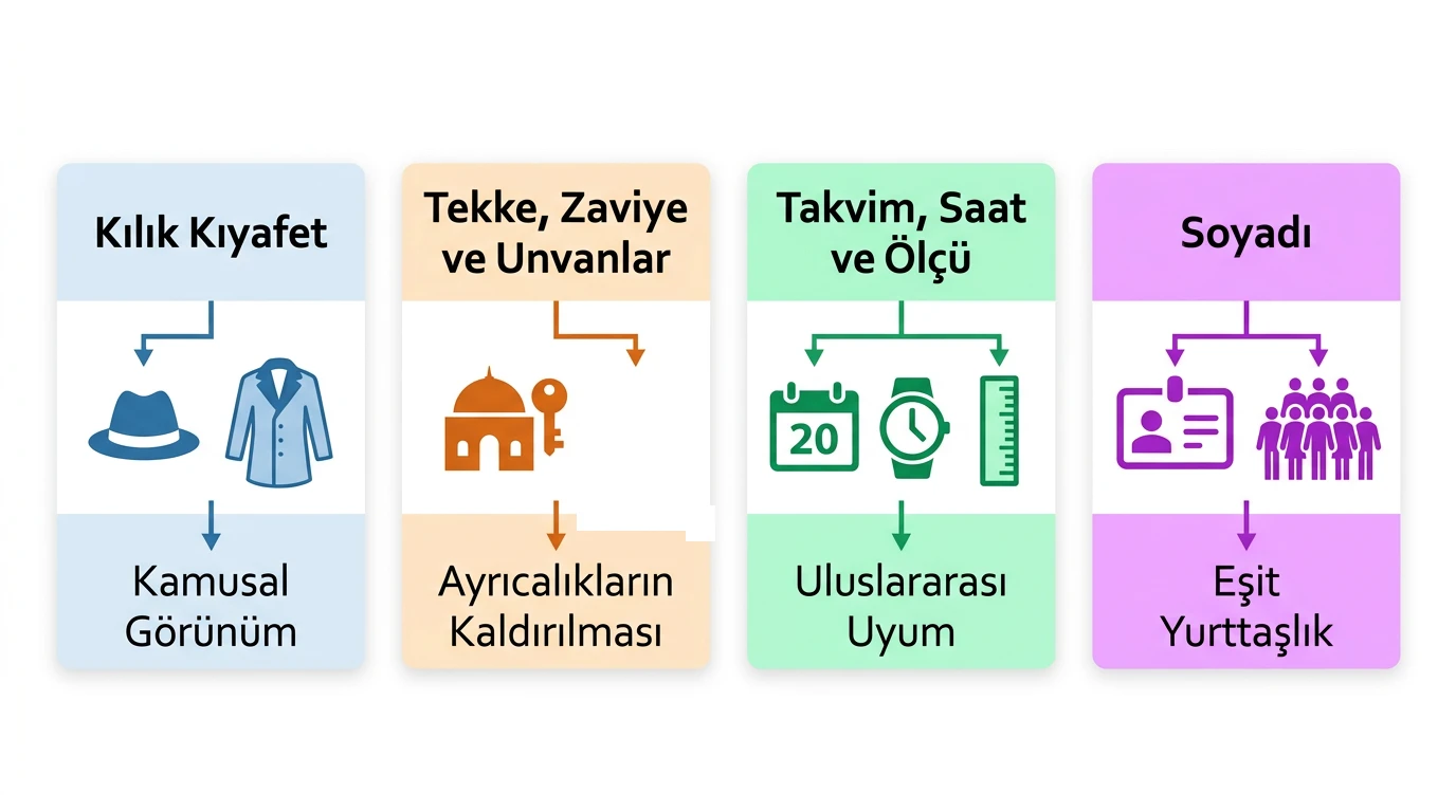 Kılık kıyafet, tekke ve unvanlar, takvim-saat-ölçü ile soyadı düzenlemelerinin toplumsal modernleşmedeki yeri
