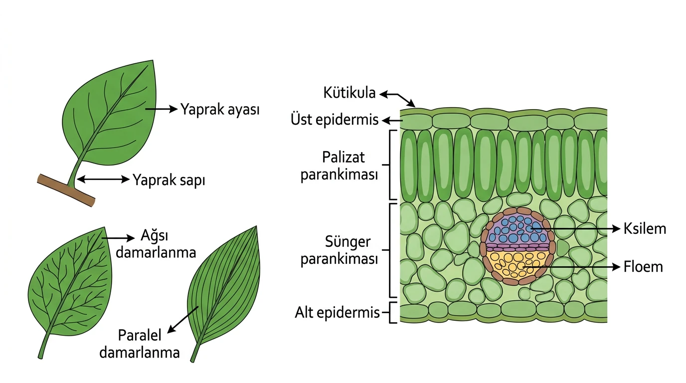 Yaprağın dış yapısı damarlanması ve enine kesit katmanları