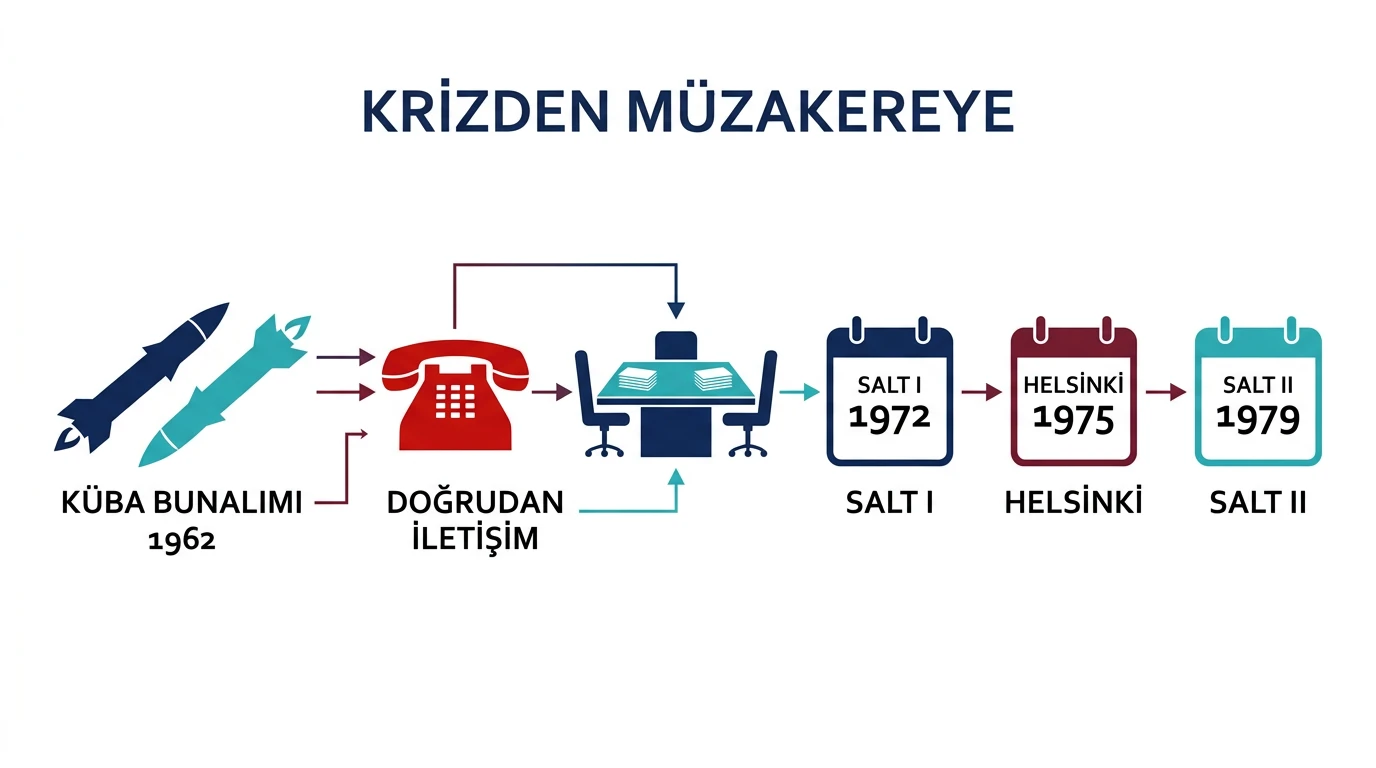 Küba Bunalımı, doğrudan iletişim, SALT ve Helsinki aşamalarıyla yumuşama sürecini gösteren şema